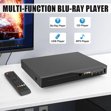 Blu-ray-mängija telerile, kompaktne Blu-ray-plaadimängija 1080P DVD-mängija HDMI-väljundiga, AV-väljund, koaksiaalväljund, USB-sisend, toetab kõiki DVD-sid ja 2. piirkonna Blu-ray-plaate, sisseehitatud PAL NTSC