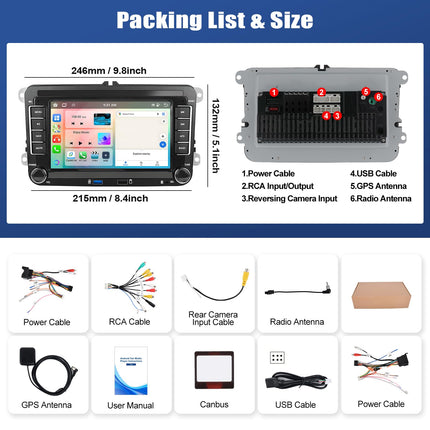 [4+64G 8-tuumaline] CAMECHO Android 13 autoraadio VW Golf 5 6 Polo Tiguan Caddy Skoda Passatile koos Carplay/Android Auto/Mirrorlinkiga, 7-tolline mahtuvuslik puuteekraan WiFi, GPS, FM, Bluetooth