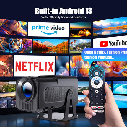 [Netflixi ametlik] Android 13 nutiprojektor erinevate ametlike telerirakendustega, häälassistendiga, 1080P natiivne/optiline eraldusvõime 320ANSI, 12000 luumenit, 5G WiFi, automaatne trapetsikorrektsiooniga projektor kodukino/õue jaoks