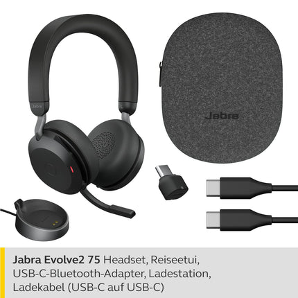 Jabra Evolve2 75 juhtmevabad arvutipeakomplektid laadimisdokiga, 8-mikrofoni tehnoloogia - kahekordse vahuga stereokõrvaklapid täiustatud aktiivse mürasummutusega, USB-C Bluetooth-adapter ja UC-ühilduvus - must