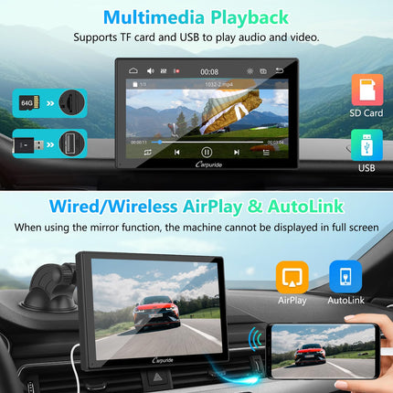 Carpuride V9 kaasaskantav autostereo, juhtmevaba Carplay ja Android Auto, 9-tolline 1080P HD puutetundliku ekraaniga raadio BT 5.0-ga, Mirror Link, valgustundlikkuse tugi, matkaautodele