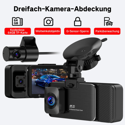 LECTRUS 3-Channel 4K Dash Cam Front and Rear View, 5G WiFi Dash Cam, APP Control, Night Vision, 3" IPS Screen, G-Sensor, 24-Hour Parking Mode, Loop Recording, 64GB SD Card Included