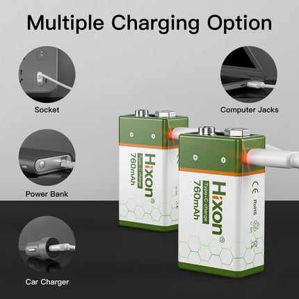 Hixon 9V USB-C Battery, Rechargeable Lithium 9V Block Battery, 760 mAh High Capacity with Type-C Charging Cable, for Smoke Detectors and Multimeters, 4 Pieces 9V Lithium Battery