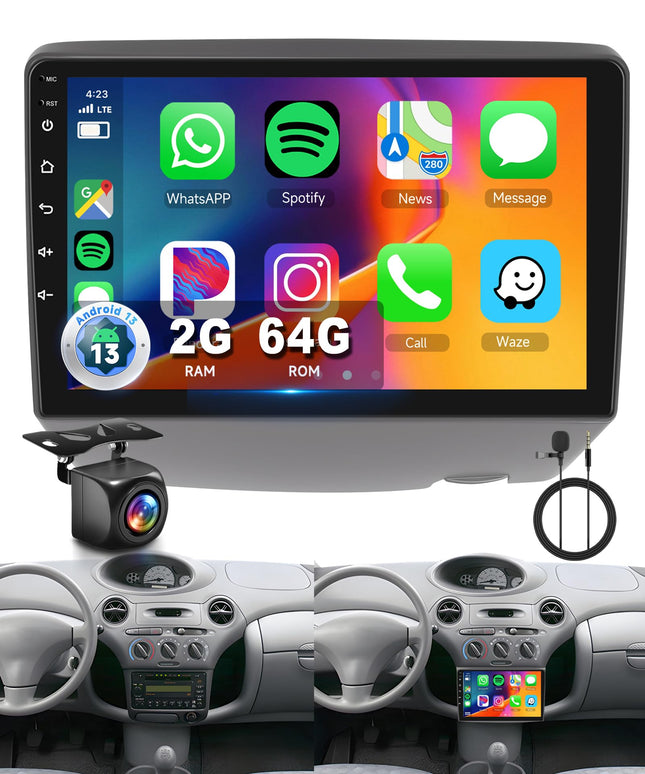 【2+64G】 Hodozzy Carplay autoraadio Toyota Vitz XP10 Yaris Platz Echo 1999-2005 jaoks, 9-tolline puutetundlik ekraan koos Android Auto/DSP/WiFi/GPS/RDS/FM/Bluetooth/USB-ga