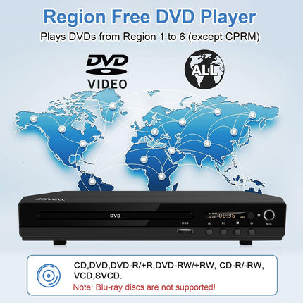 Kompaktne DVD-mängija Scart-ühendusega, regioonivaba HD DVD CD-mängija 1080P HDMI-väljundiga, AV-väljundiga, integreeritud PAL NTSC TV-süsteem, toetab mikrofoni sisendit, USB-sisendit (DVD-170 Scart-ühendusega)
