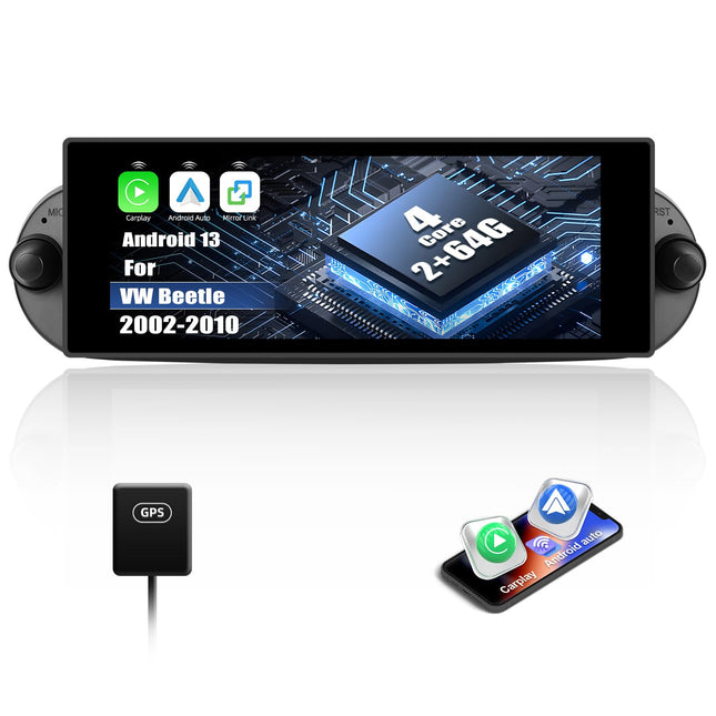 2+64GB CAMECHO Android 13 autoraadio navigatsiooniga VW Beetle'ile (2004-2010), millel on Carplay, Android Auto, kahe DIN-iga raadio, 6-tolline ekraan, Bluetooth, Mirror Link, FM/RDS, WiFi, SWC ja USB