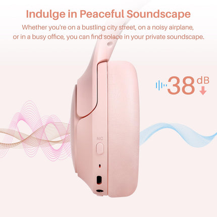 TOZO HT2 Over-Ear Headphones Bluetooth, Hybrid Active Noise Cancelling Headphones, Wireless Bluetooth Headphones with App Control, Hi-Res Audio, 60 Hours Playtime, Deep Bass, Comfortable Ear Cups, Pink