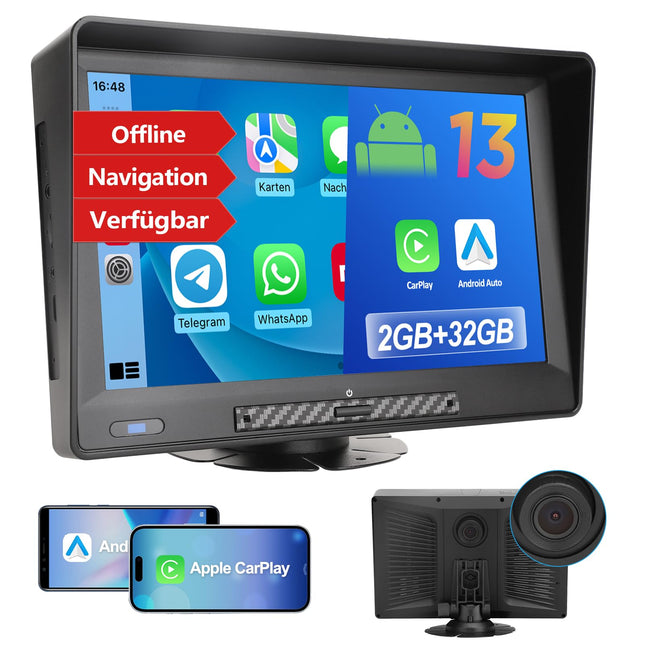 TOUTBIEN kaasaskantav Android autoraadio, 9-tolline juhtmevaba CarPlay ja Android Auto koos armatuurlauaga, 2 GB + 32 GB salvestusruumi, tsükkelsalvestus, võrgus ja võrguühenduseta navigatsioon, Bluetooth, peegli link, FM, päikesesirm