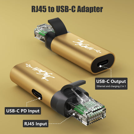 Mygatti USB C Etherneti adapter 100W PD liidesega, C-tüüpi emane - RJ45 isas, 1 Gbps, 2-ühes laadimine ja surfamine, kaasaskantav muundur, integreeritud nutikas kiip, ühildub arvuti ja sülearvutiga.