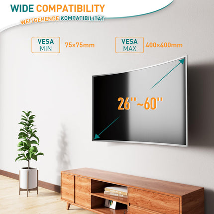 ELIVED teleri seinakinnitus. Kallutatav teleri seinakinnitus enamiku 26–60-tolliste lamedate ja kumerate LED-, LCD-, OLED- ja plasmatelerite jaoks, kaaluga kuni 45 kg, maksimaalne VESA-tugevus 400 x 400 mm, kallutatav telerikinnitus EV007.