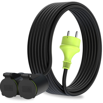 MutecPower 10m pikenduskaabel 2 Schuko pistikupesaga välistingimustes kasutamiseks IP44 H05RR-F3G 1,5mm² topeltpikenduskaabel 2 maandatud pistikupesaga 2-suunaline välistingimustes kasutatav jaotuskaabel 10 meetrit must/roheline