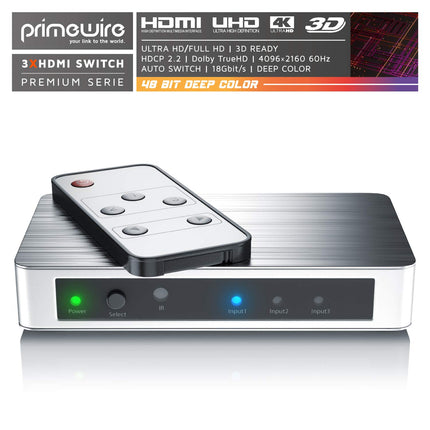 CSL - HDMI-lüliti 4k 60Hz kaugjuhtimispuldiga - 3 sisendit, 1 väljund - 3 pordiga Ultra HD-lüliti - automaatne lülitus - Ultra HD 4096x2160-36-bitine sügavvärv - HDCP