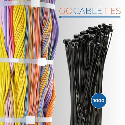 Gocableties cable ties 1000 pieces black, 150 mm x 3.6 mm with 18.2 kg tensile strength, small size, thin, UV resistant set