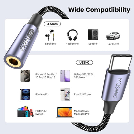 MOSWAG USB Type-C - 3,5 mm kõrvaklapipesa adapter, audio USB C - Aux adapter iPhone 16 Pro Max/16 Pro/16 Plus/16/15 Pro/15, Samsung Galaxy S24 S23 S22 S21 S20, Huawei, Pixel, iPad ja muu jaoks