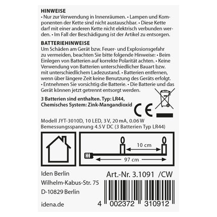 Idena 31091 - LED-mikropudelivalgusti 10 sooja valge LED-iga, komplekt 2 korgiga pudelivalgusketti, patareidega, umbes 0,97 m pikk, sise-, peo-, jõulu- ja pulmakaunistuseks