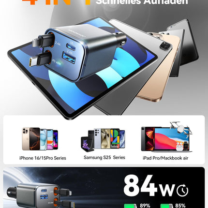 【4-IN-1】 2025 JOYROOM 84W sissetõmmatav sigaretisüütaja USB C, 【PD 45W ja ülikompaktne】 kiirlaadija autolaadija, 12V/24V USB-adapter autosse, autotarvikud iPhone 16/Sumsang S25 jaoks