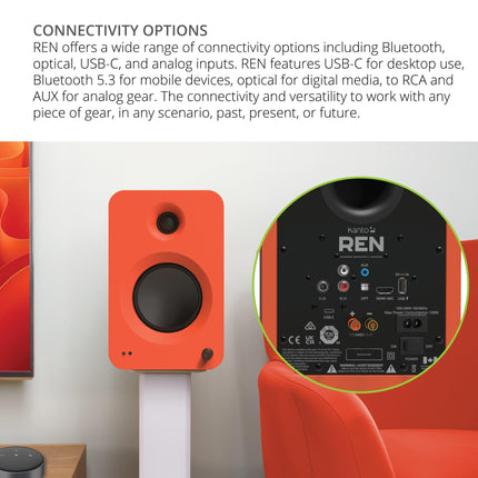 Kanto Ren 200W võimsad kõlarisüsteemid HDMI ARC sisendiga teleri ja kodukino jaoks | USB-C ja Bluetooth 5.3 | Kõrg-/madalpääsfilter | Paar | Matte oranž
