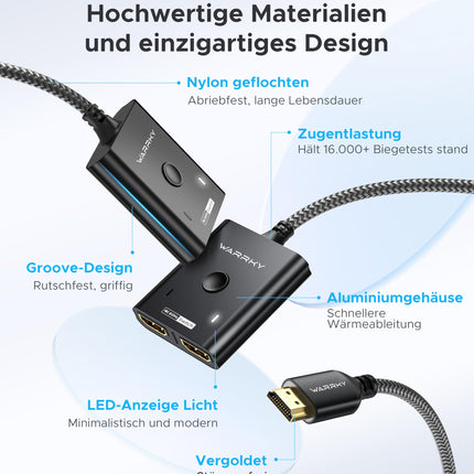 HDMI-lüliti 4K@60Hz, WARRKY HDMI-jaotur 2 sisendit 1 väljund (1 ekraan korraga)【3,3 jala punutud kaabel, alumiiniumkorpus, HDCP 2.2】 2-1-lüliti toetab UHD-d PS5/4 jaoks - must