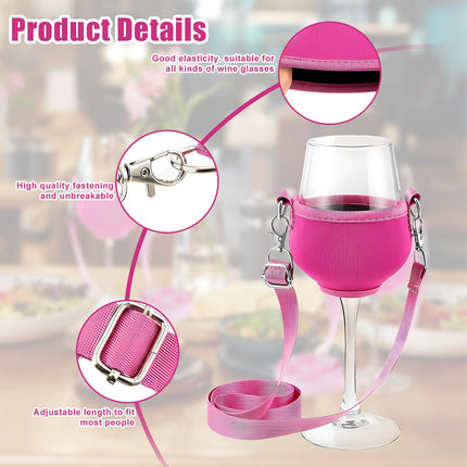 Pack of 4 wine glass holders for hanging with glass, wine glass holder for the neck, portable wine glass holder, for picnics, pool, festivals, weddings, birthday parties, large (wine glasses not included) (pink)