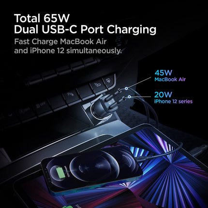 Spigen USB-C autolaadija 65W kahe pordiga autolaadija kiirlaadimisega PD 3.0 45W+20W Type-C iPhone 15 14 13 Pro Max Plus Mini MacBook Air iPad Pro Galaxy S23 S22 S21 Ultra Plus Pixel 8 Pro Steam Deckile