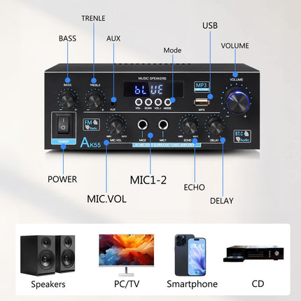 WOOPKER AK55 HiFi Amplifier with Bluetooth 70W x2 Mini Amplifier Home Theater Stereo Amplifier AV Receiver Treble and Bass with USB/RCA/MIC/FM (AK55)