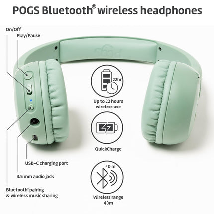 POGS juhtmevabad Bluetooth-kõrvaklapid lastele | Gecko 2 | Kokkupandavad ja vastupidavad laste kõrvaklapid alates 3. eluaastast | Helitugevuse piirang 70–85 dB | Mikrofon | Kõrvaklapid | Juhtmevaba muusika jagamise funktsioon (roheline)