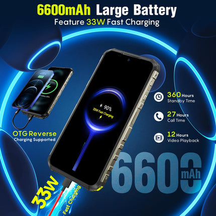 Ulefone Armor 22 Outdoor Mobile Phone Android 14 16GB+256GB/512GB SD, Octa Core 64MP+64MP Night Vision 6.58” FHD+ 120Hz 6600mAh IP68 Rugged Smartphone without Contract 4G Dual SIM Fingerprint ID NFC - Black