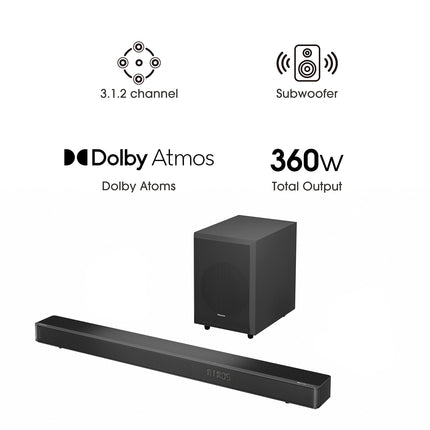 Hisense AX3120G 3.1.2 heliriba juhtmevaba subwooferiga, 360W, Dolby Digital Plus, Dolby Atmos, Bluetooth, HDMI eARC/optiline/AUX/USB, must (2024)