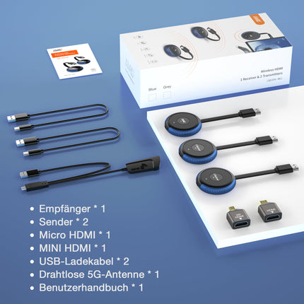 AIMIBO traadita HDMI 2 saatja ja 1 vastuvõtja, HDMI traadita mitu saatjat 165FT/50M, 4K dekodeerimine 5G video- ja helivoogedastus HDMI raadioedastus sülearvuti/DSLR-kaamera/TV-boksi/PC/telefoni ja teleri/monitori/projektori vahel