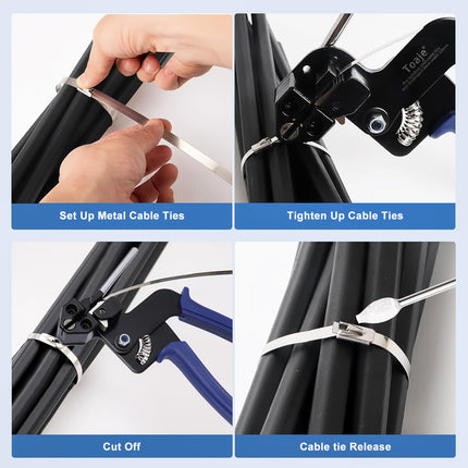homdat 150 pieces stainless steel cable ties and metal tie gun, 3 sizes metal cable ties, cable tie pliers set cable tie tool with gloves, cable tie remover, tool bag