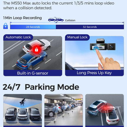 AZDOME 4K autokaamera 4K+ 1080P+ 2.5K ees, taga, sees, kahe STARVIS kaameraga, 64GB SD-kaart, WiFi, GPS, öönägemine, parkimismonitor, tsükkelsalvestus, WDR, G-andur, 3.19” kuumakindel, M550 MAX