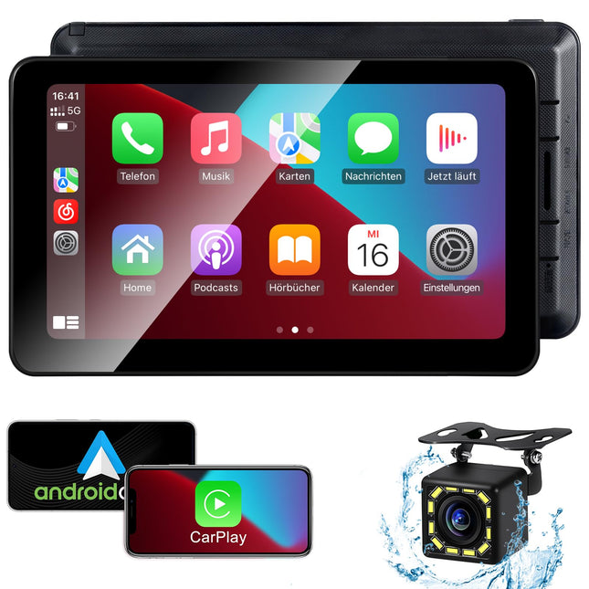 Aonerex Portable CarPlay Display, Wireless Android Auto with HD Rear View Camera, 7 Inch IPS Screen, Bluetooth Hands-Free Calling, Siri, Voice Assistant, GPS Navigation, MirrorLink, FM