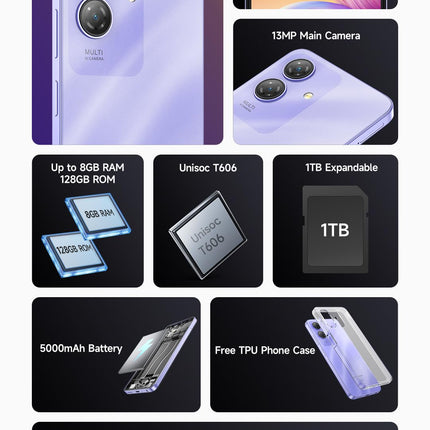 Ulefone Note 21 Android 14 nutitelefon ilma lepinguta, 8 GB RAM + 128 GB ROM, 6,56'' HD+ suur ekraan, 13MP + 8MP, kahe SIM-kaardiga mobiiltelefon, 5000mAh aku, sõrmejälje- ja näotuvastus, GPS, lilla