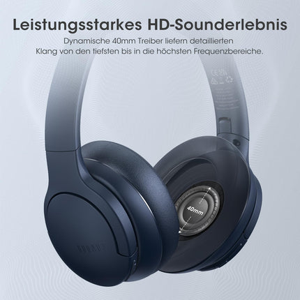 DOQAUS Kopfhörer Kabellos Bluetooth Bis zu 90 Std,Bluetooth Kopfhörer Over-Ear mit 3 EQ-Modi, HiFi Stereo, Eingebautes Mikrofon, Faltbares Wireless Headphones für Handys/iPad/Laptops/PC-Marineblau