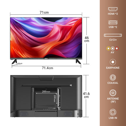 RCA E32 TV 32 inch 81cm HD Bezel-less design Dolby Audio Triple tuner (DVB-T2/S2/C) AV CI+ HDMI USB ports Hotel mode [Energy class F]