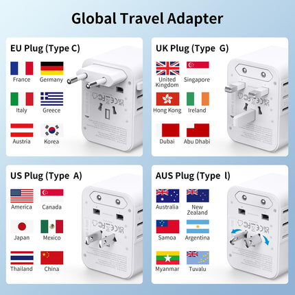 2025. aasta uusim reisiadapter kogu maailmas, universaalne reisipistik 2 USB A ja 2 USB C-ga, rahvusvaheline pistikutega reisiadapter Saksamaa, USA, Inglismaa, Austraalia ja Jaapani jaoks, reisitarbed (valge)