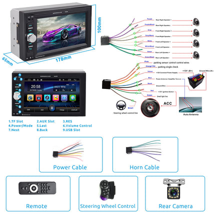 Car radio 2 Din with Bluetooth hands-free system IOS/Android Mirror Link 6.2 inch touchscreen car radio double Din with Bluetooth FM/USB/AUX/EQ/TF steering wheel control + rear view camera remote control