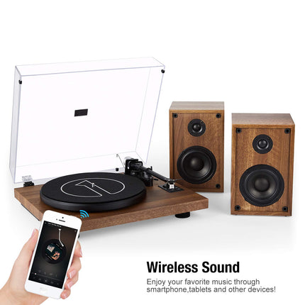 1 by ONE HiFi Bluetooth plaadimängija USB-ühendusega, MM-süsteem, 33/45 p/min, automaatne seiskamine ja fono-eelvõimendi, rihmülekandega vinüülplaadimängija kahe kõlariga