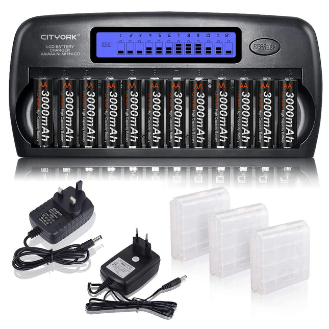 CITYORK 12 pesaga LCD-nutilaadija sisseehitatud IC-kaitsega, AA/AAA NI-MH/NI akudele - vahelduvvooluadapteriga [12V 2A kiirlaadimisfunktsioon], AA akukomplektidega