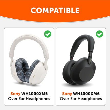 WC SweatZ XM5 &amp; XM6 – Patented Sweat Protection Ear Cushions for Sony WH1000XM5 &amp; WH1000XM6 by Wicked Cushions | Complete 360-Degree Ear Cushion Protection | Black Camo
