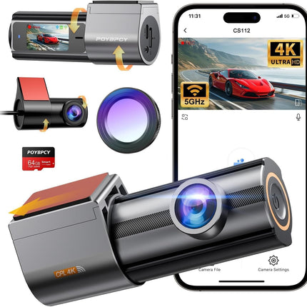 Auto armatuurlaud esi- ja tagaosa 4K+1080P topeltkaamera armatuurlaual, 360° pööratav, 64 GB SD-kaardiga, 1,47-tolline IPS mini-autokaamera CPL-iga, superöine nägemine, WDR, G-andur, tsükkelsalvestus, rakenduse juhtimine, max 256 GB