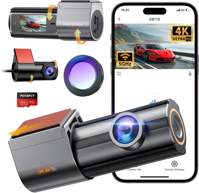 Auto armatuurlaud esi- ja tagaosa 4K+1080P topeltkaamera armatuurlaual, 360° pööratav, 64 GB SD-kaardiga, 1,47-tolline IPS mini-autokaamera CPL-iga, superöine nägemine, WDR, G-andur, tsükkelsalvestus, rakenduse juhtimine, max 256 GB
