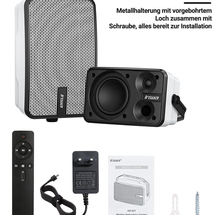Inwa Bluetooth-kõlar õue, seinale kinnitatav, veekindel (IPX5), võimas bassihelisüsteem sise- ja välistingimustes kasutamiseks, sünkroonib kuni 100 kõlarit (2 tk, MZ621)