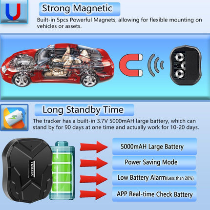 TKMARS TK905 auto 4G GPS-jälgija, 5000mAh aku, töötab SMS-i/rakenduse/veebiplatvormi kaudu ilma tellimuseta, erinevad alarmirežiimid, magnetiline jälgimisseade sobib sõidukitele/veokitele/autopargile