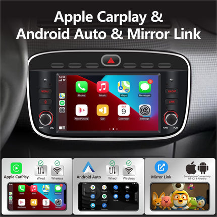 Autoraadio FIAT Linea Punto Evo 2012-2017 juhtmevaba CarPlay ja Android Auto stereoga Linea 2012-2015 puutetundliku ekraaniga IPS/Bluetooth/peegliühendus/FM/AM/USB