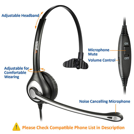 Wantek Telephone Headset Mono with Noise Cancelling Microphone, Volume Control, Call Center Headphones for Landline Phones ShoreTel Polycom NEC Nortel Norstar Meridian Siemens ROLM(F600S2)
