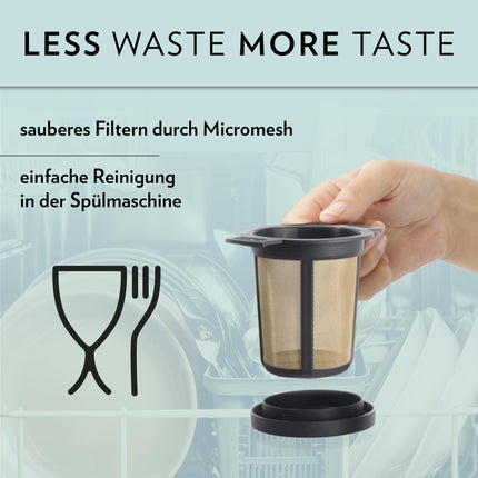finum® KEETMISKORVIDE KOMPLEKT M Teesõel lahtisele teele, Roostevabast terasest teefilter tilgakogumisalusega, Püsiv filter teele ja kohvile, BPA-vaba, Suurus M, Must