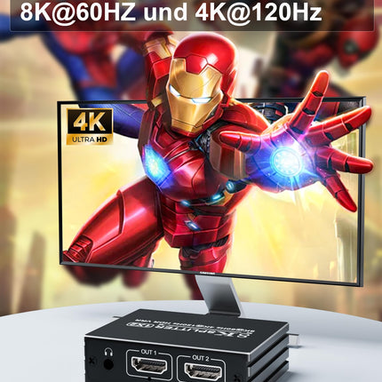 8K HDMI jaotur 1 sisend 2 väljundit - jaotur kahe monitori peegeldamiseks ja kopeerimiseks, toetab 8K@60Hz 4K@120Hz 1080P EDID HDCP2.3 HDR10 VRR Dolby Visioni PS5 Xboxi sülearvutile