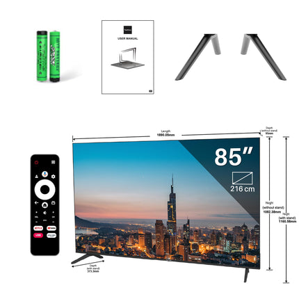 TEEVIEW TV85QQG-EU 85" Google Smart QLED 4K UHD TV, Wi-Fi, Bluetooth, 3x HDMI, Triple Tuner, Voice Control, Integrated Streaming Apps