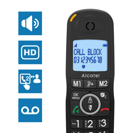 Alcatel XL595 Voice Trio cordless large button phone with THREE handsets and answering machine, extra large landline phone for home with call protection